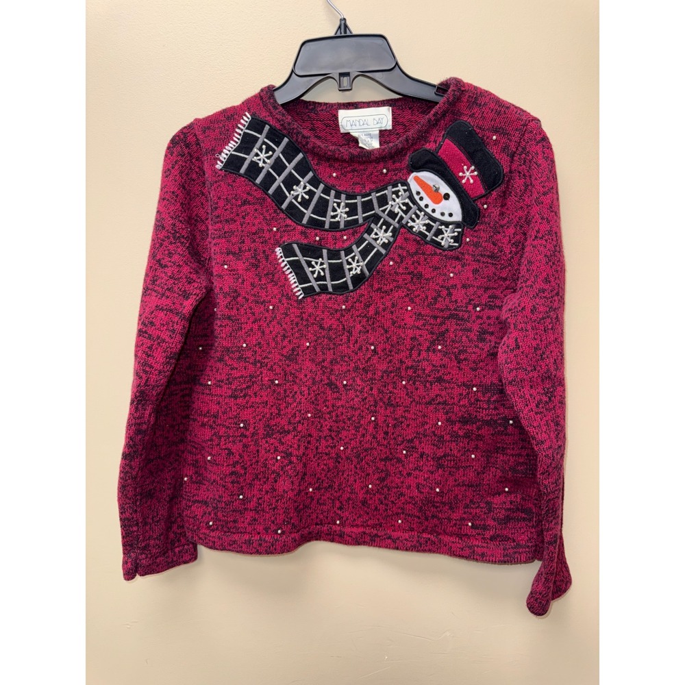 Mandal Bay Snowman Holiday Sweater Burgundy Marled Knit Beaded Christmas Small